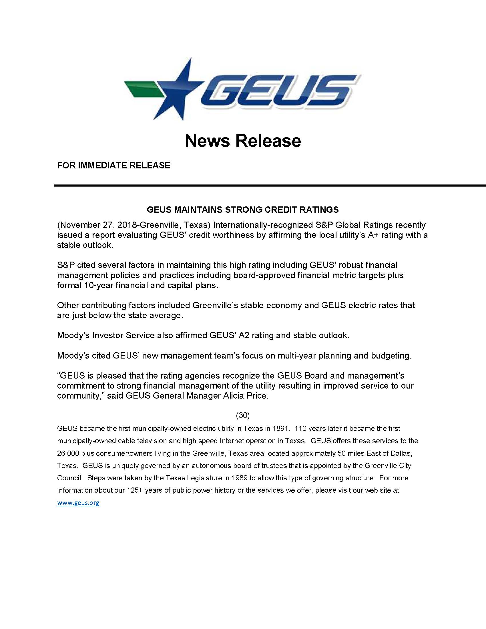 112818 GEUS Maintains Strong Credit Ratings